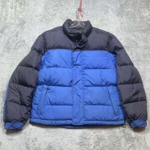 Vintage Eddie Bauer Puffer Jacket Mens L Blue Goose Down Full‎ Zip Coat *SPOTS